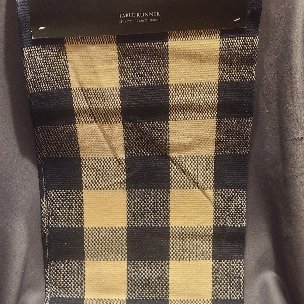 Cynthia Rowley Navy Blue and White Plaid Table Runner with Fringe
